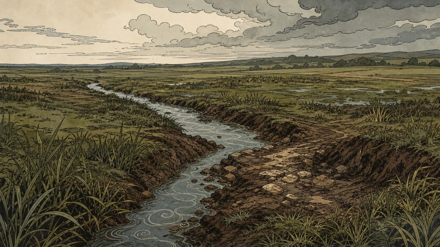 The Bannock burn winding through wet lowland beneath an overcast sky